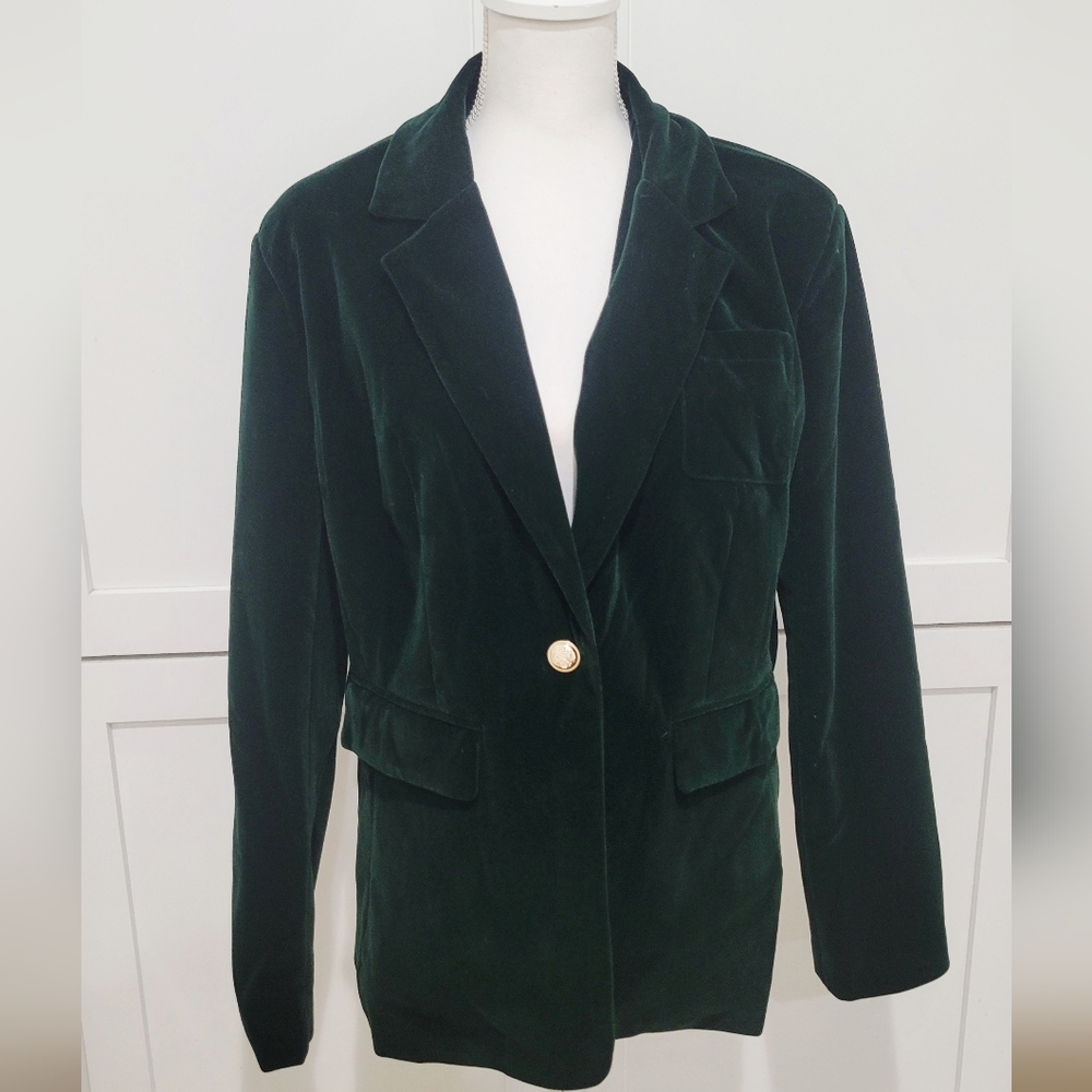 Emerald Green Velvet Lined Blazer | Single Button Tailored Jacket | Size 2X